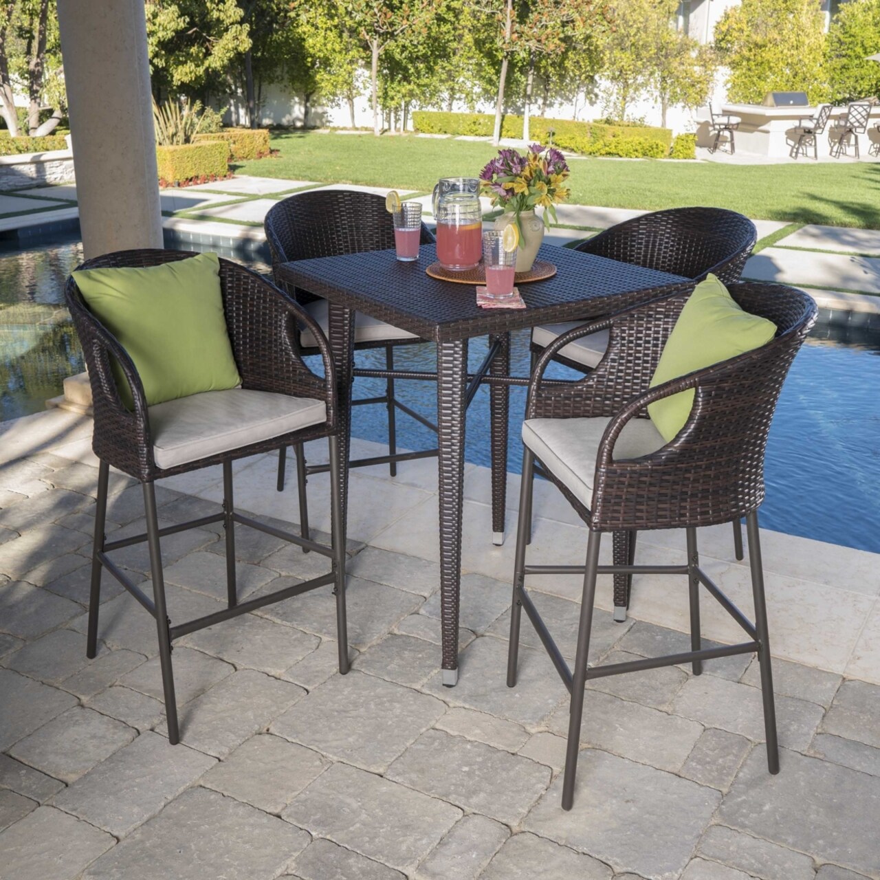 GDFStudio Domina Outdoor 5 Piece 41 Inch Multi-brown Wicker Square Bar Set